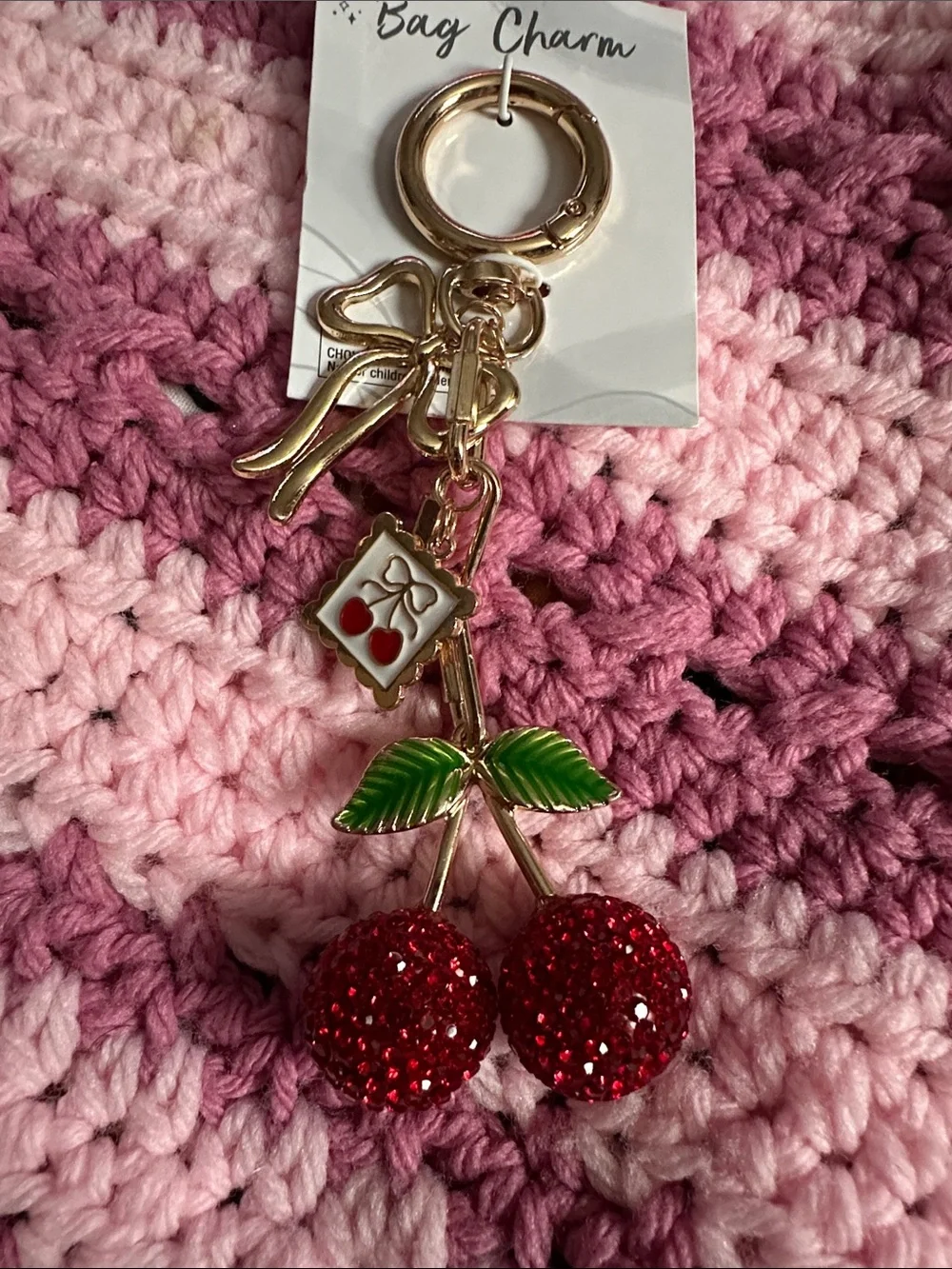 Gold Cherry Bag Charm with Red Crystal Cherries